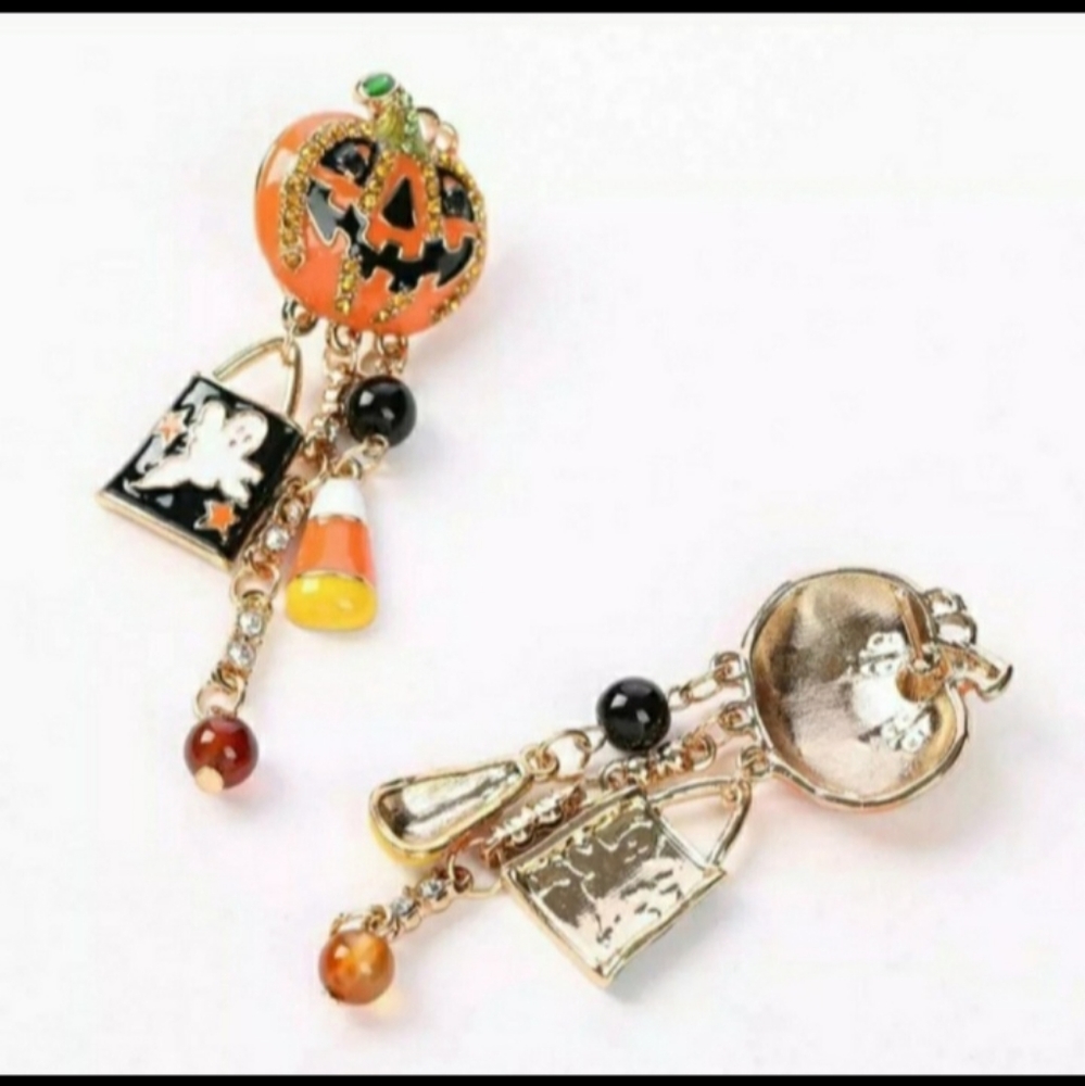 Orange Jack-o-lantern Halloween Candy Rhinestone Dangle Drop Stud Earrings - Picture 10 of 11